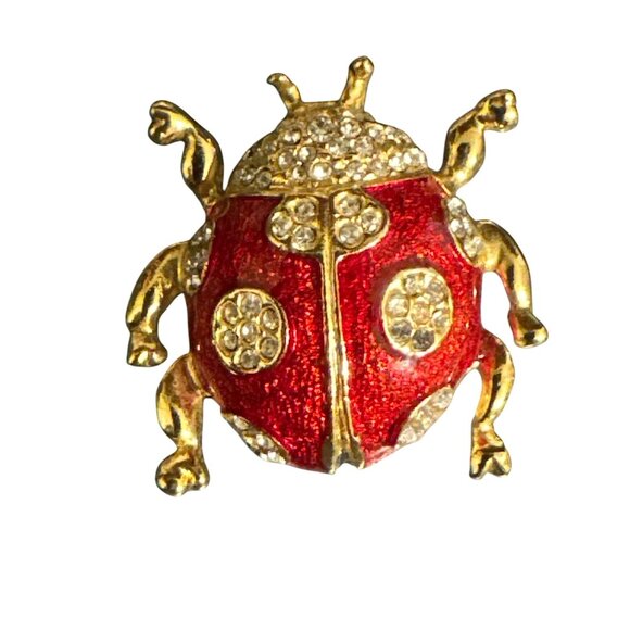 Vintage Ladybug Brooch Pin With Red & Gold Enamel Detailing And Rhinestone Accen - Picture 1 of 4